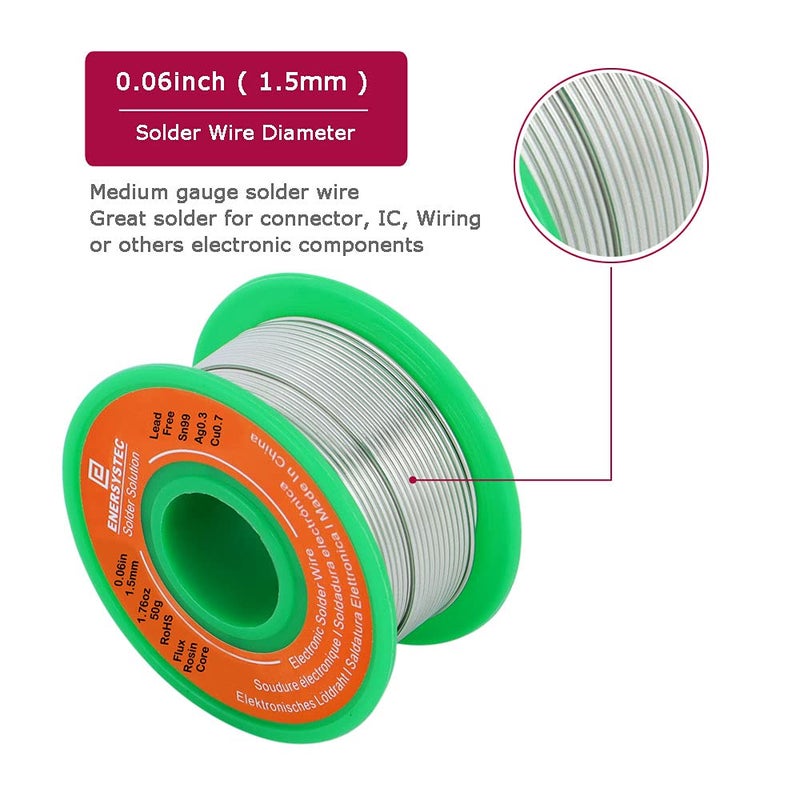 E ENERSYSTEC 1.5mm Electronic Solder Wire Lead Free Rosin Flux Core Diameter 0.06in Large Size Solder Wire Gauge 1.76oz 50g Sn99 Ag0.3 Cu0.7 Flow Electric Soldering Unleaded PB Free - Image 3